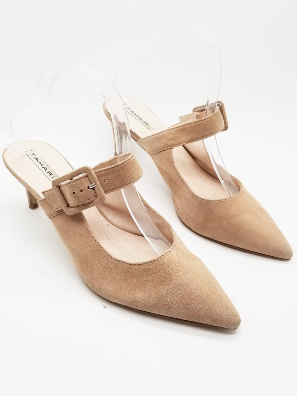 Tahari Skyla Beige Suede Pointed Toe Kitten Heel Slip On Mules Buckle Strap 8.5M